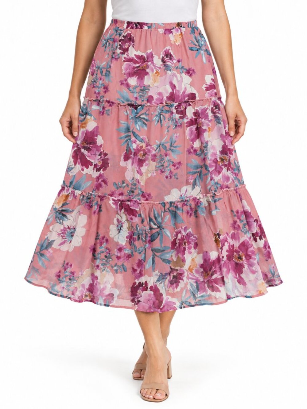 Robert Louis Pink Floral Tiered Midi Skirt Size M